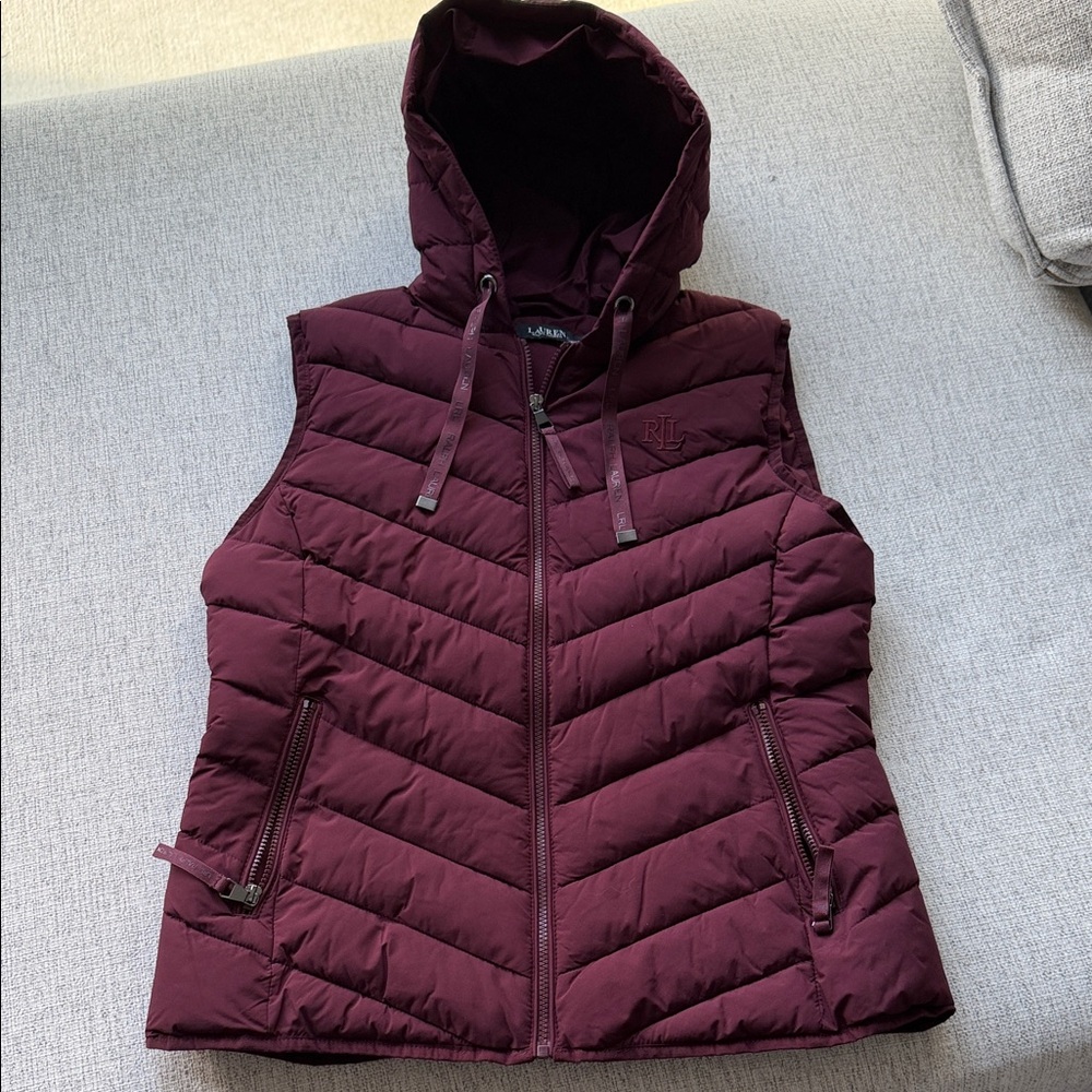 Lauren Ralph Lauren Maroon Burgundy Hooded Puffer Vest LARGE NWT